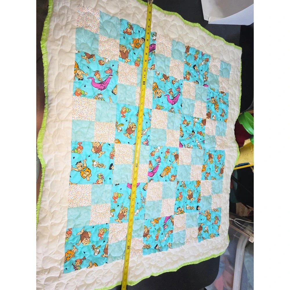 Handmade Flintstones Patchwork Baby Quilt Neon Green Backing 35x35 Retro Nursery